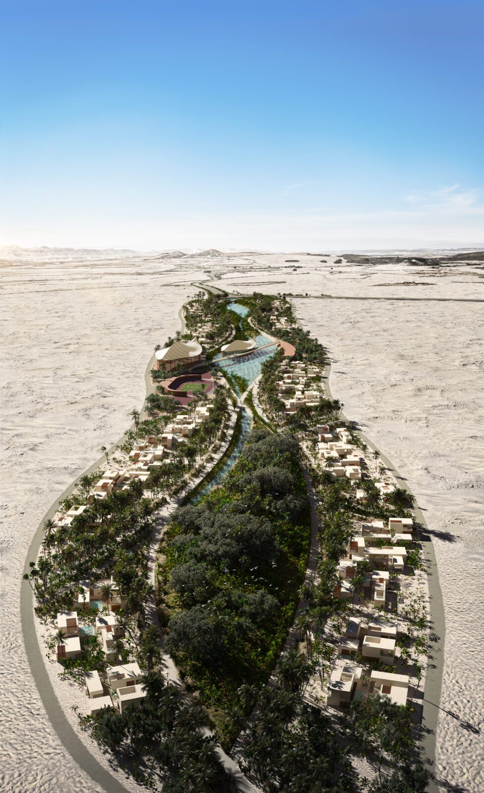 Aerial overview of the doha housing masterplan with central green spine and community facilities