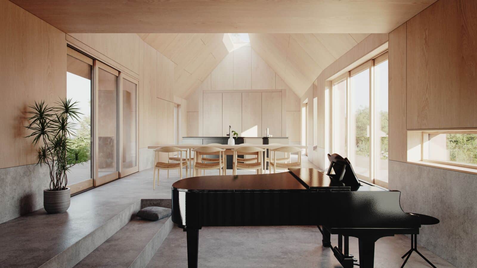 Crafted timber internal, a simple serene material palette of timber and concrete